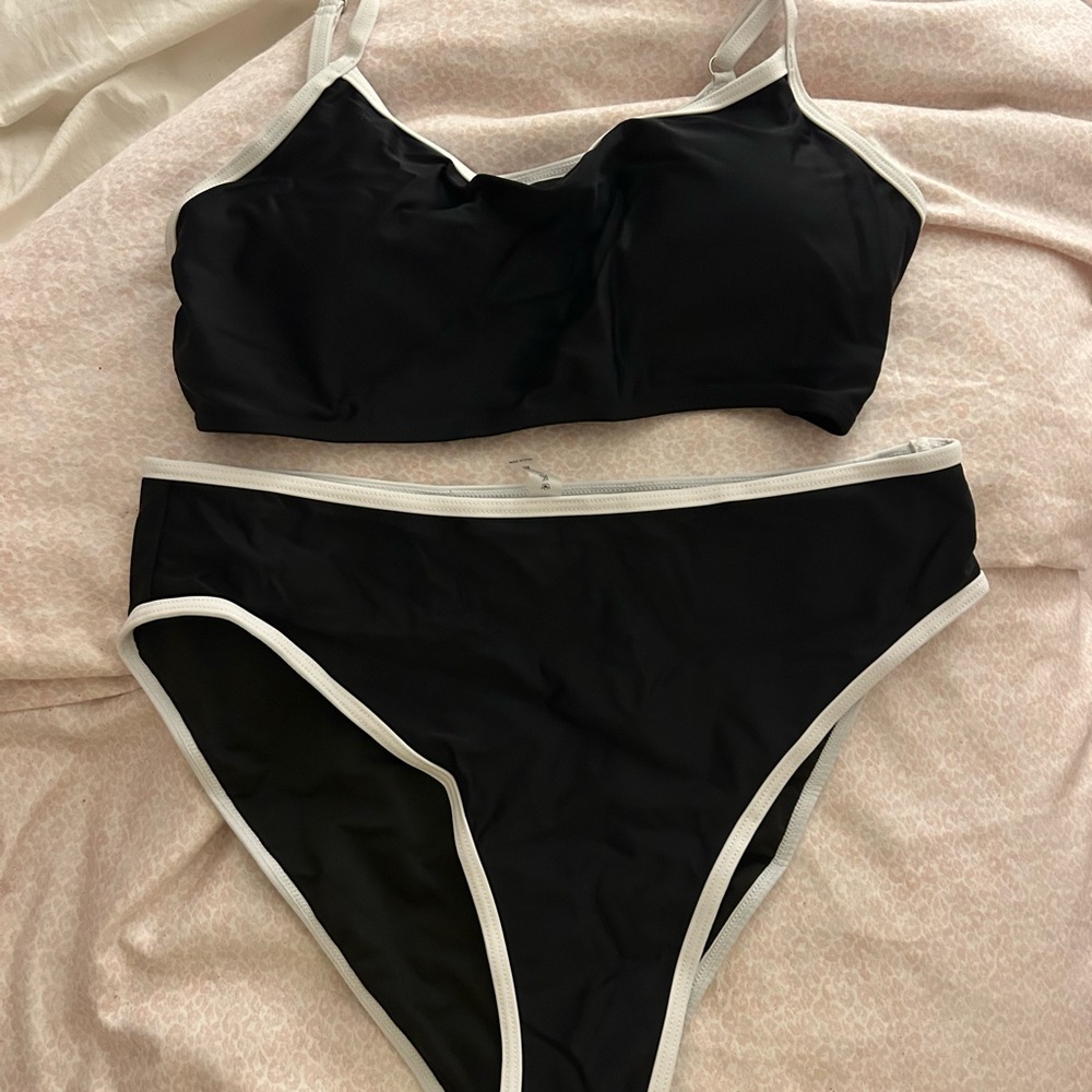 Black Two-Piece Bikini with White Trim - Women Swim
